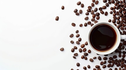 Set of paper take away cups of different black coffee isolated on white background, top view. Coffee cup and beans. Overhead view of backdrop representing halves dark brown coffee beans pleasant scent