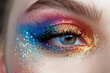 Close-up of bright colorful eyeshadow makeup look with glitter front