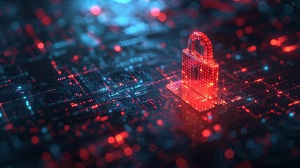 Wall Mural - Stock photography-style digital background highlights red padlock icon on glowing data code