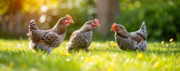 Wall Mural - Hens on the grass in the meadow, sunny day.