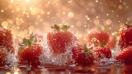 Wall Mural - A luscious red fruit with a sweet-tart flavor, strawberries are juicy and aromatic, often associated with summer. They boast a distinctive seedy texture and are rich in vitamin C.

