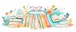 A set of various books and piles of books with bookworm dressed in glasses. Hand drawn educational modern illustrations. Flat hand drawn design.