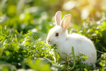 Wall Mural - white rabbit on green grass