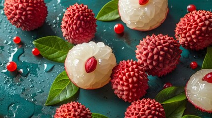 Wall Mural - Lychee is a tropical fruit with a rough, pink-red shell and sweet, juicy flesh. It's renowned for its floral aroma and refreshing taste.
