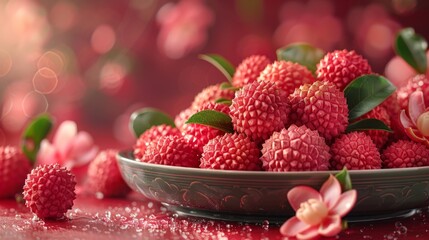 Wall Mural - Lychee, a tropical fruit native to Southeast Asia, boasts a sweet, floral flavor and juicy texture. Encased in a rough, pinkish-red shell, its translucent flesh is a delight to savor.
