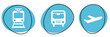 3 blaue Verkehrsmittel Icons: Zug, Bus, Flugzeug - Button Banner