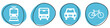 4 blaue Verkehrsmittel Icons: Zug, Bus, Auto, Fahrrad - Button Banner