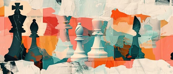 Poster - An invitation to play chess with chess pieces on a chessboard. A poster for a chess competition or section. Flat modern illustration.