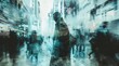 Abstract figure among blurred crowds in urban setting. The image depicts a distinct figure standing still as the blurred motion of city life moves around, symbolizing solitude amidst chaos