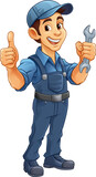 Fototapeta Konie - A handyman, mechanic, plumber or other construction cartoon mascot man holding a wrench or spanner tool.