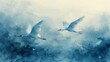 An abstract art landscape banner design with watercolor texture with crane birds flying over blue clouds. Vintage style brush stroke texture with Japanese Chinese cloud pattern.
