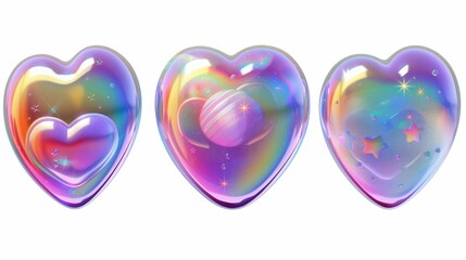 Poster - Set of 3d holographic hearts in y2k style isolated on a white background. Iridescent chrome hearts with galaxy planet, stars and rainbow gradient effect. 3D modern illustration.