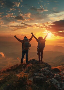 A young man and a young woman stand on top of a hill with arms outstretched at sunset.