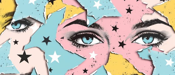 Poster - Modern illustration with seamless pattern in popart style, trending irregular stars, and halftone style eyes.