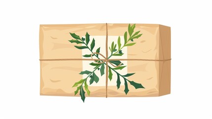 Wall Mural - Gift wrapped in brown kraft paper, decorated with eco green decor, natural leaf branch. Present wrapped in twine isolated on white.