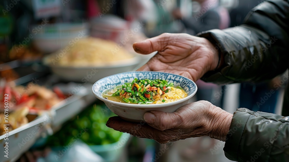 Stock-Foto „Poor homeless old woman or man with hot food in warming ...