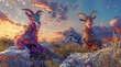 Colorful patterned goats in sunset landscape. Two vibrant goats with intricate patterns stand amidst a sunset-lit wildflower landscape, symbolizing creativity and nature's beauty