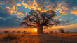 Towering baobab trees stand sentinel over the African savanna, their ancient branches reaching skyward as if to touch the heavens, while wildlife congregates at their base, seeking