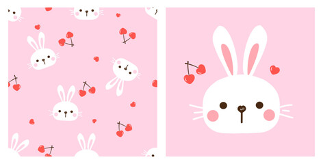 Canvas Print - Seamless pattern with bunny rabbit cartoons and heart shape cherry fruit on pink background vector.