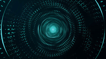 Poster - Abstract digital background. Big data visualization. Circular rotation of a fantastic circle of multi-colored particles and lines. Beautiful colored spiral. 3D vector illustration