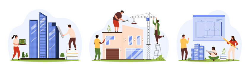 Wall Mural - Architects plan to build house set. Tiny people develop city architecture and design, engineers work with paper blueprint project and building models, construction crane cartoon vector illustration