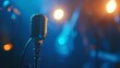 Capture the essence of performance, A vintage microphone on stage, bathed in warm lamp lighting against a blurred blue wall backdrop