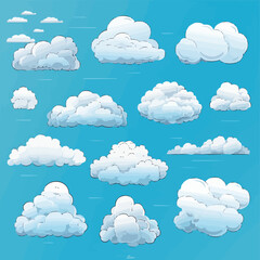 Wall Mural - Cartoon white clouds icon set isolated on blue background. Cloudscape in flat style. Blue sky cloud weather symbol. Vector illustration cloudy panorama