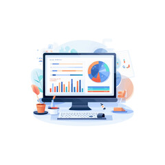 Poster - Business performance analysis, benchmark metrics audit concept. Analyzing financial statistics, data, graph, chart, report on computer screen. Flat vector illustration isolated on white background