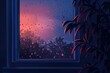 A serene twilight scene with raindrops on a window, reflecting the contemplative mood of a rainy evening