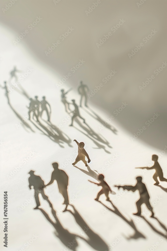 Miniature figures casting elongated shadows, resembling a group of ...