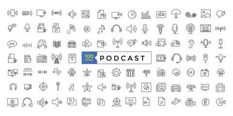 Wall Mural - Podcast and Audio line icon set. E-learning, education, online school, webinar thin line icons. For website marketing design