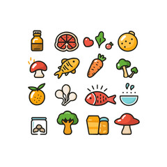 Wall Mural - A collection of food items including fish, mushrooms, carrots, and oranges