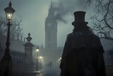 Fototapeta Londyn - A cloaked figure with a top hat stands near Big Ben, overlooking a foggy, lamp-lit London pathway.