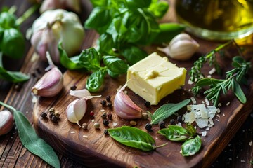 Poster - A cutting board is covered with fresh garlic, butter, and assorted herbs, ready for cooking