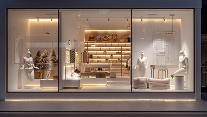 3D rendering of a modern shop window with a display of accessories.