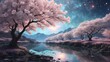 川沿いの桜並木　イラスト　夜桜