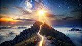 Fototapeta  - A surreal landscape with a glowing mountain path leading towards a starry sky and sunrise, evoking inspiration and wonder