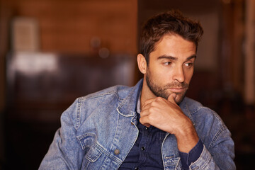 Aufkleber - Thinking, idea and handsome male person in living room, thoughtful and planning for vacation. Confidence, fashionable and pensive for unsure man thinker, relax or contemplation for thought or doubt