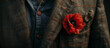 ANZAC  Red poppy flower on war hero mans brown blazer jacket lapel Remembrance Day in Australia New Zealand least we forget for war heroes military army navy airforce WW1 dawn service poppies 