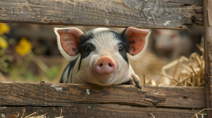 In an adorable close-up, the endearing nature of farm animals is showcased as a curious piglet's snout pokes through a wooden fence.