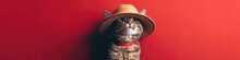 Cute Tabby Cat In A Hat On A Red Background. Banner. Copy Space.