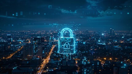 Poster - A cyber security data protection concept on a city background...