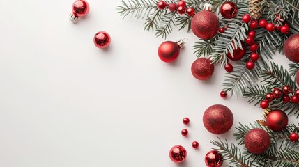 Wall Mural - An ornamental garland made of red balls and fir tree branches is arranged on a white background as a Christmas, winter, new year concept. The image could be flat lay, top view, or copy space.