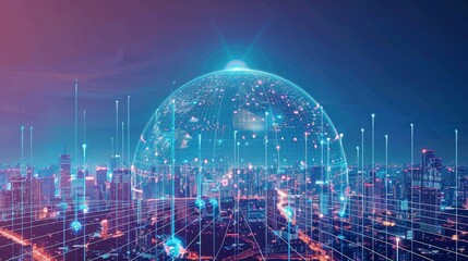Poster - An image of a modern cityscape background with a wireless network in the background of a global world telecommunication network.......