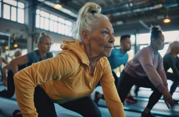 Sticker - Elderly people doing yoga with multiethnic friends in a fitness center, closeup photo of happy senior men and women stretching their arms while sitting on the sports floor together at a gym class