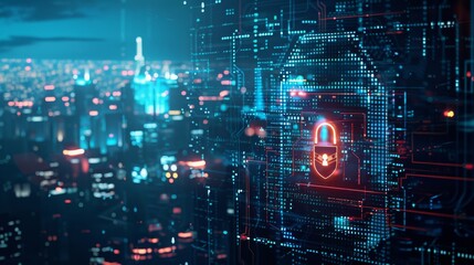 Leinwandbilder - A cyber security data protection concept on a city background.......