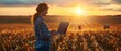 A woman engineer with her laptop walks past a harvested corn field as a landowner bales at sunset during harvesting