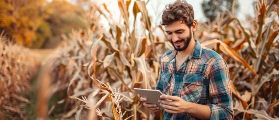 Poster - Young farmer (student) with a tractor and tablet, smiling, wearing a shirt, working in a field with a tractor. Concept ecological transport, farmers, clean air, food, bio product.