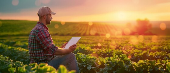 Poster - In farming technology, a farmer analyzes data using a tablet computer and visual icons.