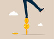 Investor falling from stack of unstable money coins. Financial instability. Modern vector illustration in flat style